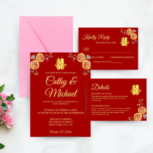 Invitation Rouge orange floral chinois mariage double bonheur