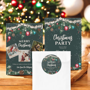 Invitation Festif lumières de Noël branches de pin vert neige