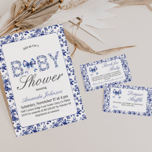 Invitation Elégant Toile Bleue de Jouy et Baby shower Bow
