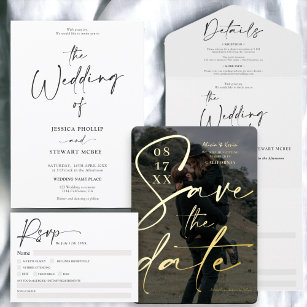 Invitation Élégant noir blanc tout en un mariage de calligrap