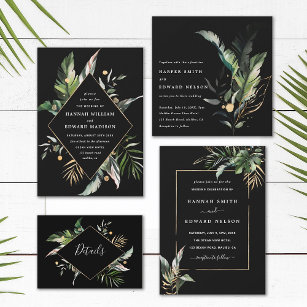 Invitation Foliage tropical sauvage Carré Mariage noir