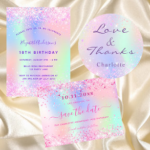Birthday party roze paarse glitter holographic bedankzakje