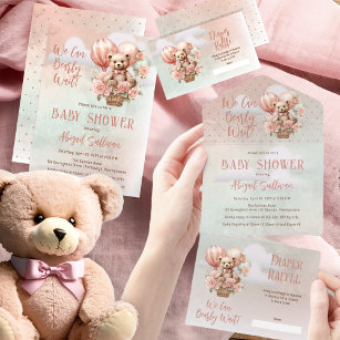 Invitation Teddy Bear Balloons Girl Bearly Wait Baby shower