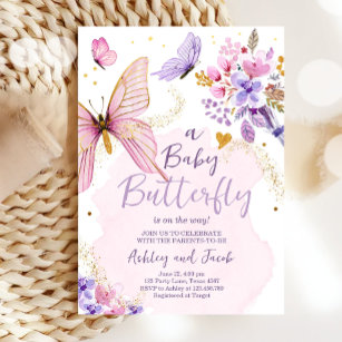 Invitation Baby shower papillon violet floral rose fille Invi