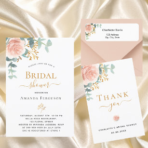 Invitation Carte Postale Fête des mariées eucalyptus fleurie rose d'or abei