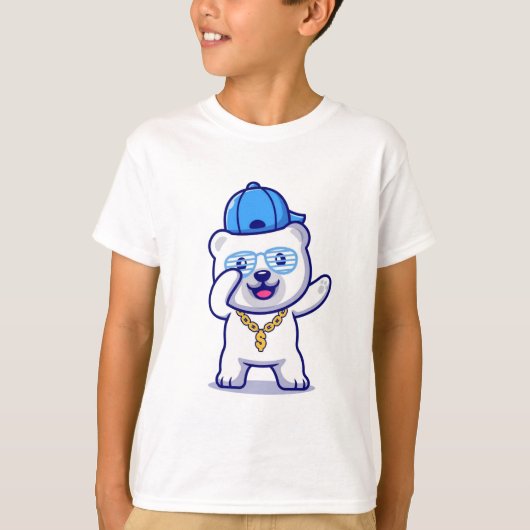 Swaggy Polar Beer Cartoon met Pet en gouden kettin T-shirt (Voorkant)