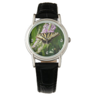 Swallowtail Butterfly op Paarse wilde bloemen Horloge