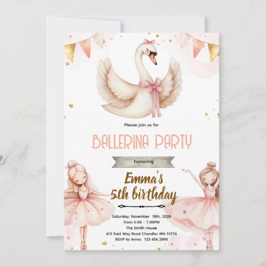 Swan Ballet birthday Theme invitation (Devant)
