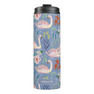 Swan Birds Floral Botanical Blue Pattern Name Thermosbeker
