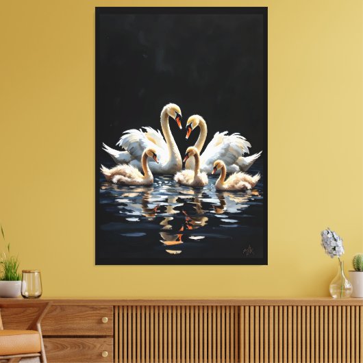 Swan Family on Black Lake Artwork Canvas Afdruk (Insitu (Woonkamer))