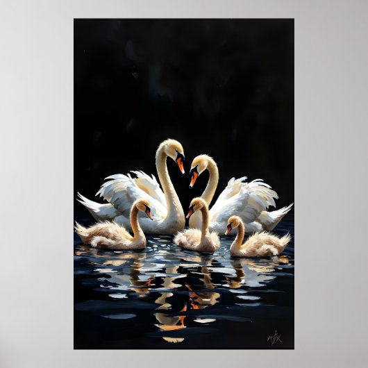 Swan Family on Black Lake Artwork Poster (Voorkant)