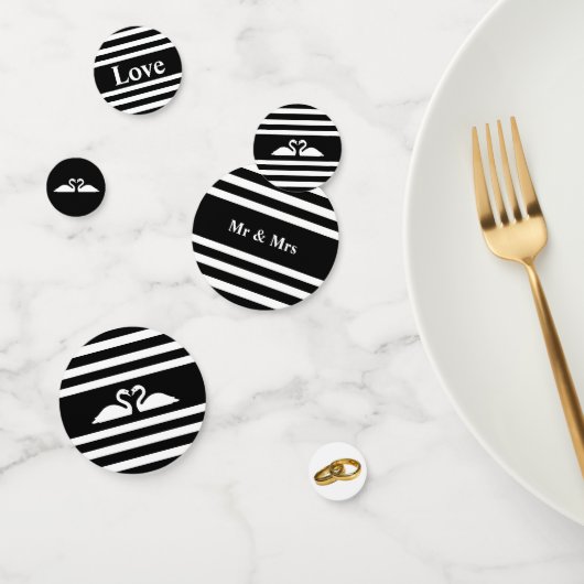 Swan-koppel op zwarte en witte gestreepte bruiloft confetti (Groep)