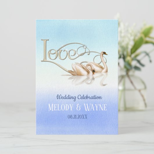 Swan Love Elegance bruiloft uitnodiging (Staand voorkant)