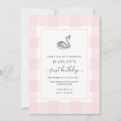 Swan Pink Gingham eerste verjaardag Kaart (Voorkant)