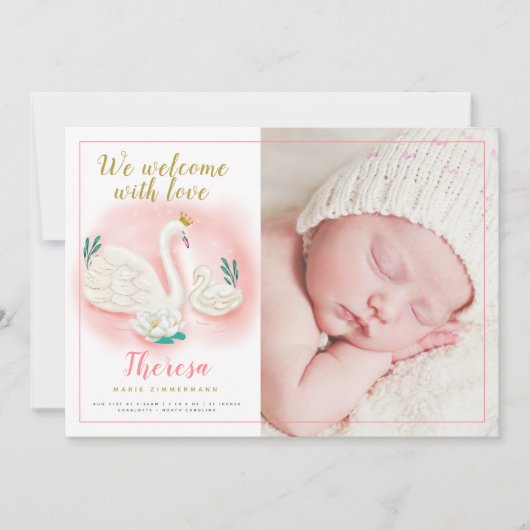 Swan Pond Gold Baby Girl Faire-part de naissance r (Devant)