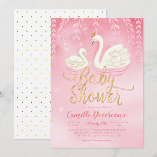 Swan Pond Gold Pink Baby shower Kaart