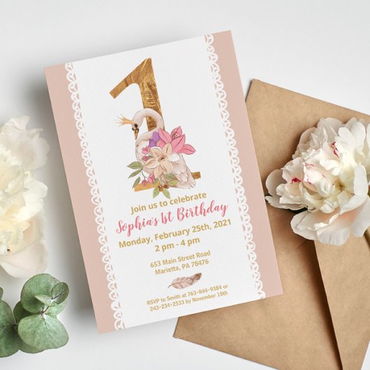 Swan Princess 1er anniversaire Invitation