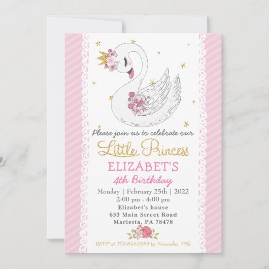 Swan Princess Invitation de fête d'anniversaire (Devant)