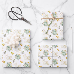 Swan Sage Groene en Gouden Bloemen Rozen Inpakpapier Vel