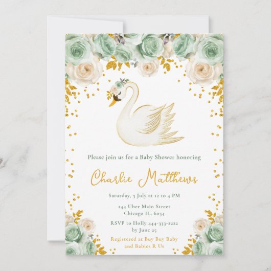 Swan Sage Groene en Gouden Rozen Baby shower Kaart (Voorkant)