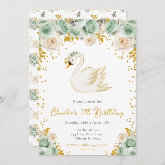 Swan Sage Groene en Gouden Rozen Verjaardagsfeestj Kaart (Voorkant / Achterkant)