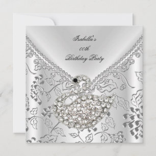 Swan Silver Damask White Elegant Birthday Kaart
