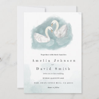 Swan watercolor themed elegant wedding invitation kaart