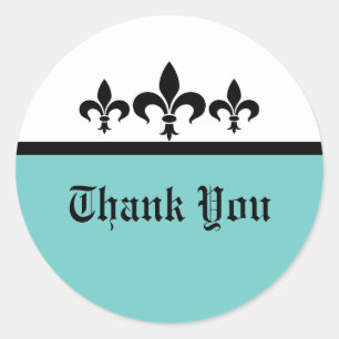 Swanky Fleur De Lis Dank u Stickers, Aqua Ronde Sticker