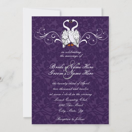 Swans Damask Wedding Invitation Kaart (Voorkant)