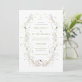 Swans Floral Frame Monogram Wedding  Kaart (Staand voorkant)