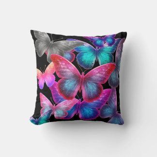 Swarm Of Colorful Butterflies On Black Background Kussen