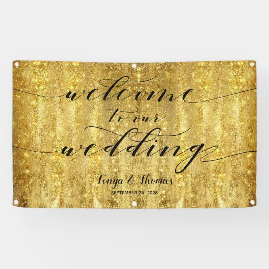 Swash Calligraphy Sparkling Gold Welcome Wedding Spandoek (Horizontaal)