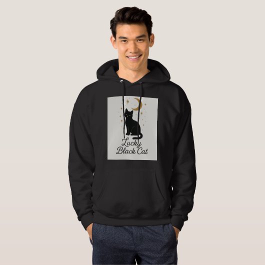 Sweat à capuche chat noir chanceux | Design lune m (Devant entier)
