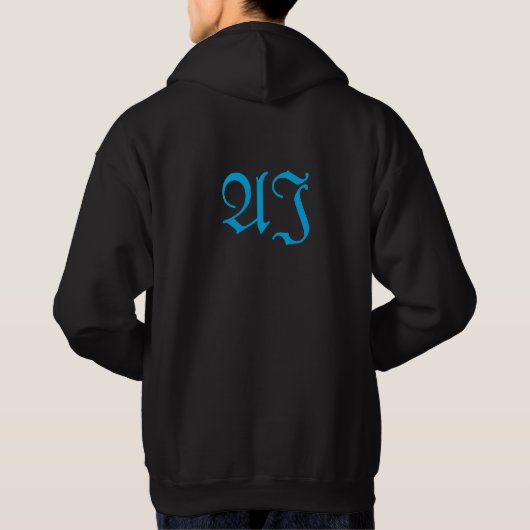 Sweat - shirt à capuche noir avec écriture bleue. (Dos)