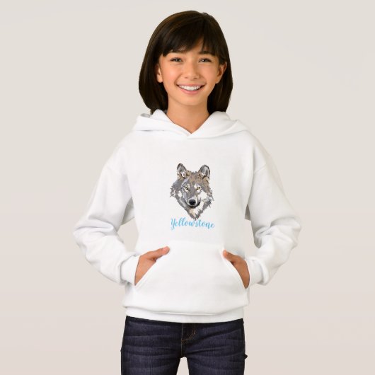 Sweatshirt à capuchon de la fille Loup de Yellowst (Devant entier)