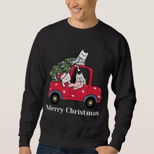 Sweatshirt Amusant Joyeux Noël Chat Camion Rouge (Devant)