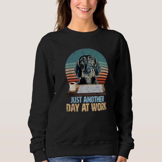 Sweatshirt and cute woodhair dachshund has a boring job (Devant)
