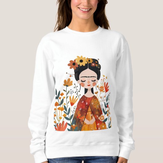 Sweatshirt Aquarelle Whimsical Frida Kahlo avec Fleurs (Devant)
