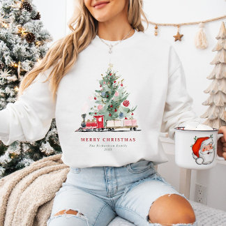 Sweatshirt Arbre de Noël à l'aquarelle Train Jouet Fêtes de f