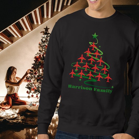 Sweatshirt Arbre de Noël de l'avion et nom de famille, minima