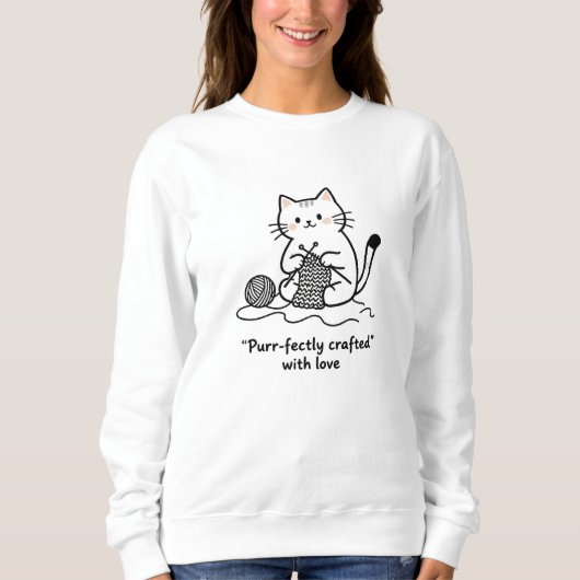 Sweatshirt Artsy Cat with Yarn Knitting Simple Black White (Devant)
