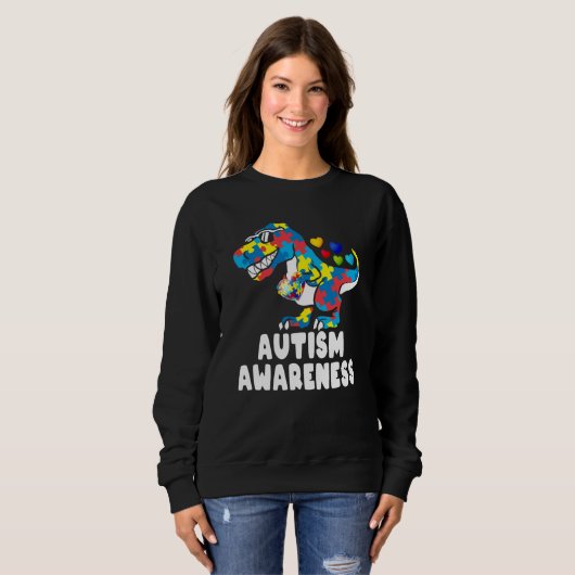 Sweatshirt Autism Awareness Dinosaur Rex Heart Puzzle Pieces (Devant entier)
