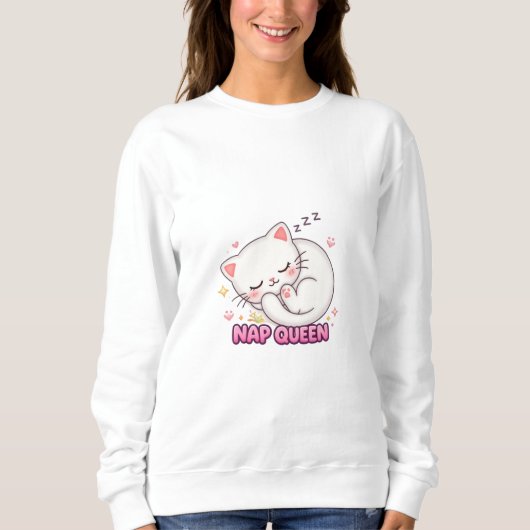 Sweatshirt Autocollant Chat Reine du Lit | Chat Mignon Endorm (Devant)