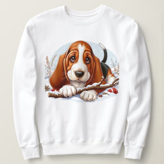 Sweatshirt Basset Hound Chiot sur la scène hivernale enneigée (Design devant)
