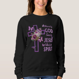 Sweatshirt Béni par Dieu sauvé par Jésus Croix Florale pourpr