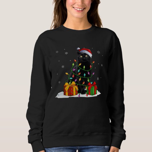 Sweatshirt Black Cat Christmas Light  Santa Hat Cat  Xmas (Devant)