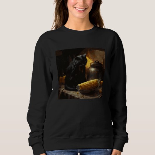 Sweatshirt Black Cat Cooking Corn On The Cob (Devant)