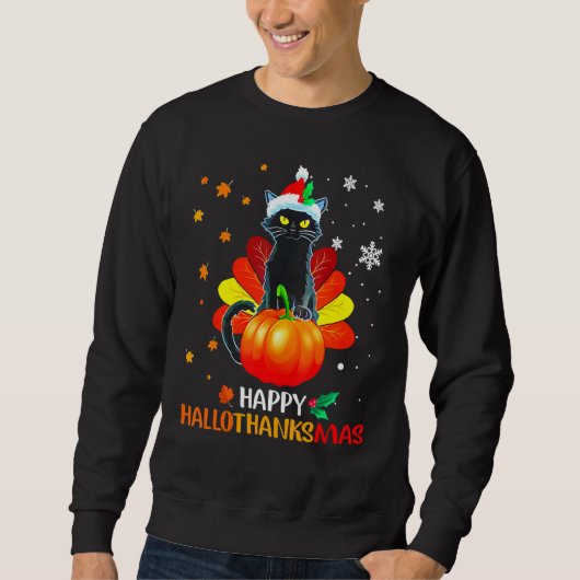 Sweatshirt Black Cat Halloween And Merry Christmas Happy Hall (Devant)