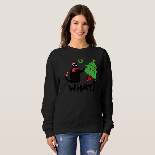 Sweatshirt Black Cat Pushing Christmas Tree Over  Cat What (Devant entier)