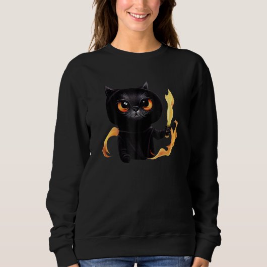 Sweatshirt Black Cute Cat Wizard With Power Of Fire For Anima (Devant)